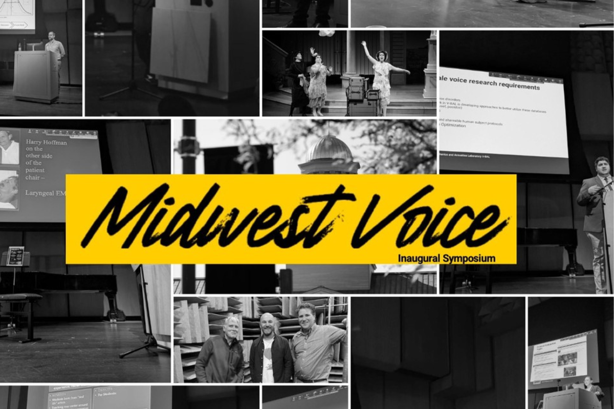 A graphic that shows several black and white photos from the conference with text that reads "Midwest Voice Symposium"