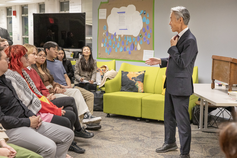 The Japanese Ambassador speaking to students